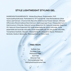 Product label for Style Lightweight Styling Gel with ingredients and free-from declarations on a light blue background.