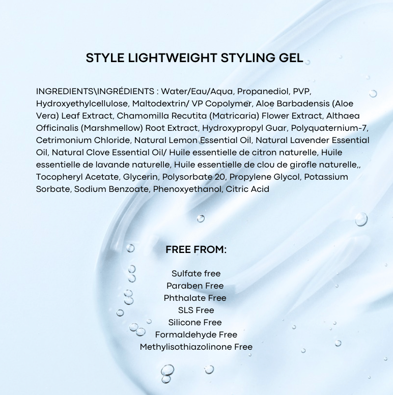 Product label for Style Lightweight Styling Gel with ingredients and free-from declarations on a light blue background.